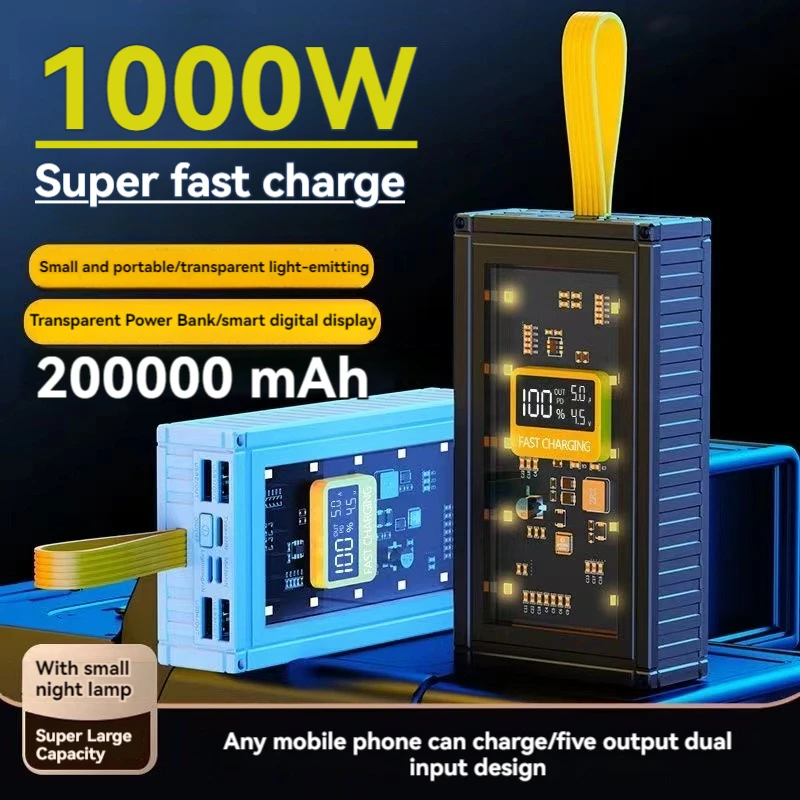 

free shipping 120W Super Fast Charging Transparent 200000mAh Power Bank Large Capacity Outdoor Mobile Power Supply with Lights