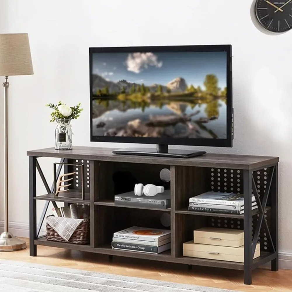 

TV Stand for 70 Inch TV Rustic Industrial Entertainment Center Large Television Stands for Living Bedroom Dark Gray Oak Dresser