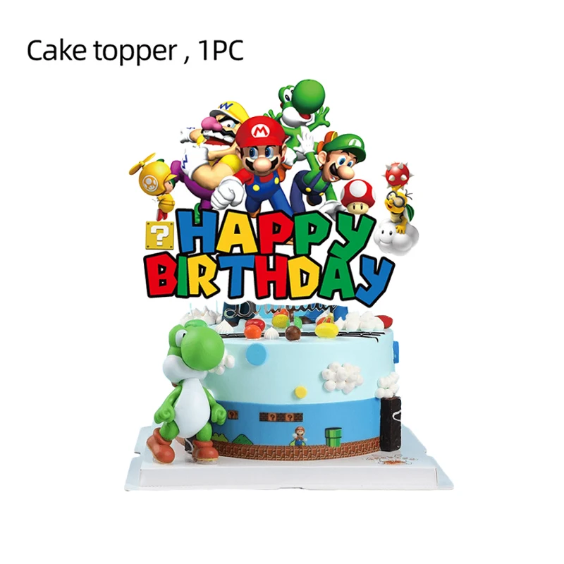 Super Marios Birthday Party Decoration Happy Birthday Cake Topper Cartoon Bros Cup Cake Flag Kit Gold Coin Peach Princess Decor