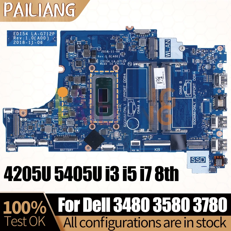 Placa-mãe do Portátil para Dell 3480 3580 3780 3583 Testado Completo La-g712p 04205u 5405u I38145u I59265u I7-8565u I7-8565u