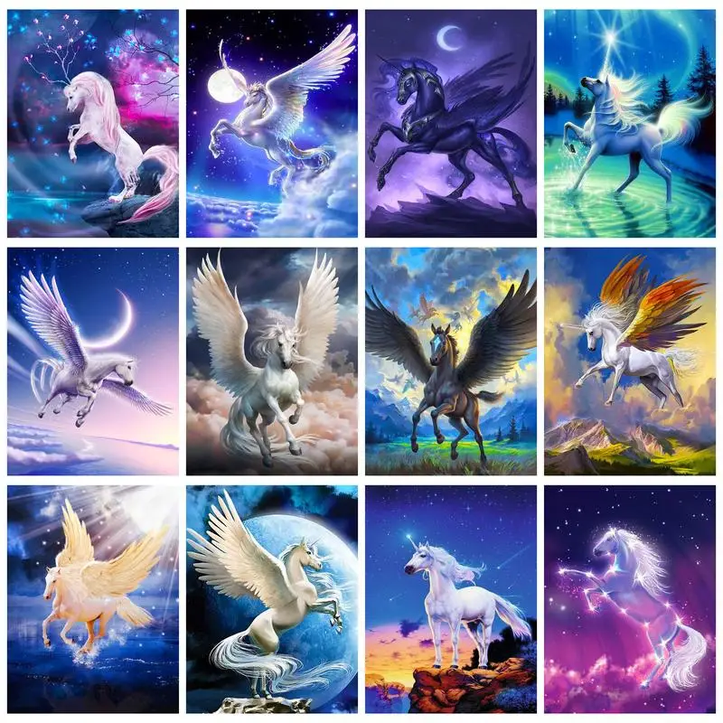 Flying Horse Unicorn Drawing DIY Digital Oil Painting Handpainted Art