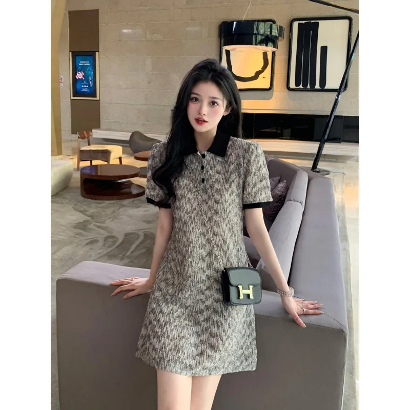 

2023 Summer New Retro Color Contrast Lapel Waist Slimming French Temperament Short Dress