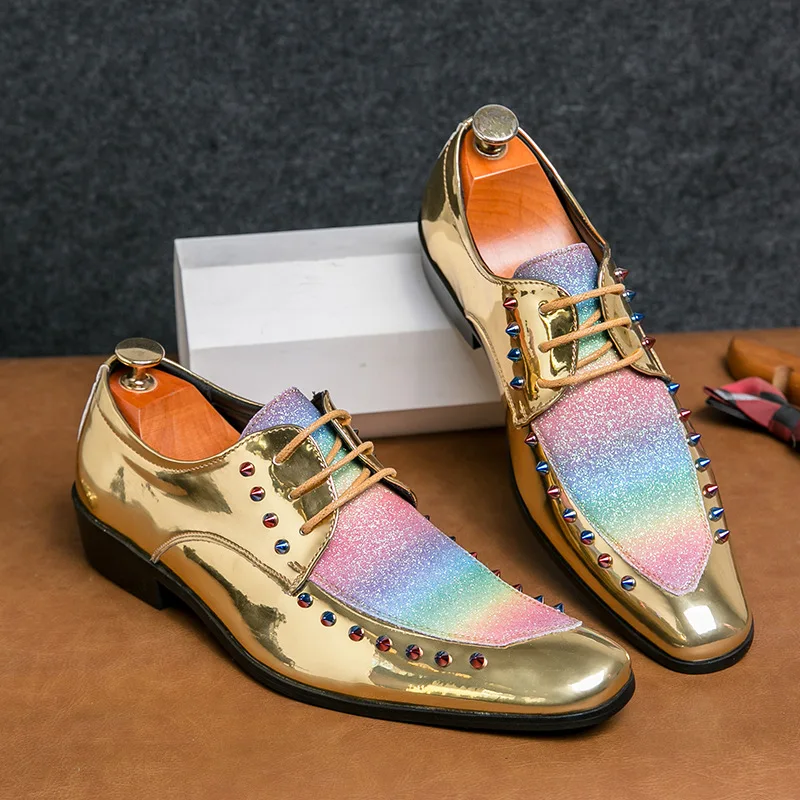 

Luxury British Style Golden Wedding Shoes for Men Pointed Rivet Men's Social Shoes Bright Leather Mocasin for Men Plus Size 47