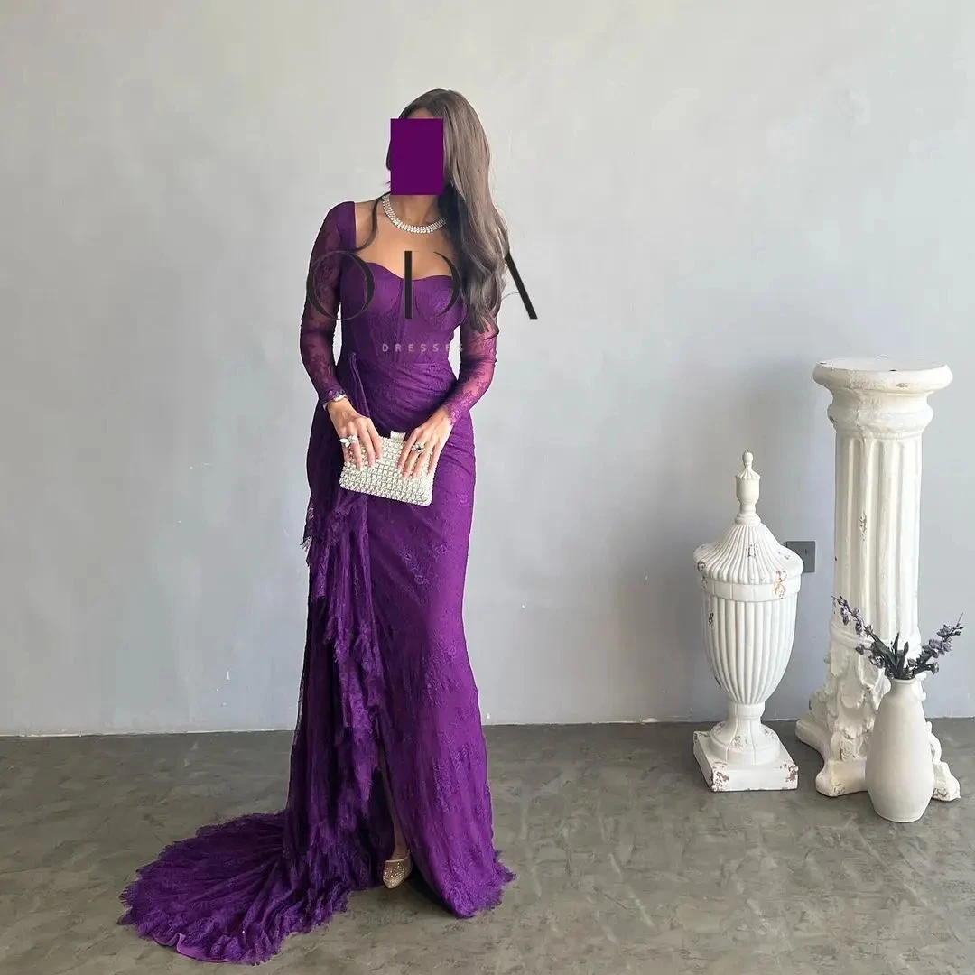 

Simple Purple Prom Dresses Long Sleeves Luxury Evening Dresses Halter Appliques Lace Saudi Arabia Women Formal Party Gowns 2024