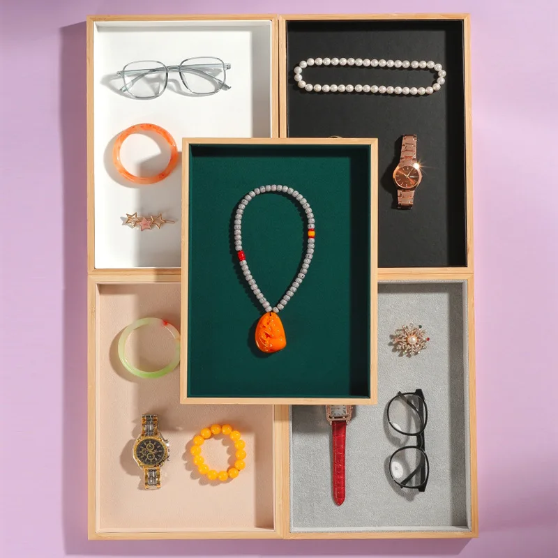 Bamboo Stackable Jewelry Organizer Tray, Jewelry Drawer Inserts Container Display Case Storage for Earring Necklace Rings