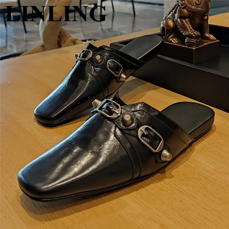 

Women Slippers Fashion Square Toe Rivet Flat Women Shoes Genuine Leather Slip-On Mules Loafer Sandals Slides Ladies Shoes 2023