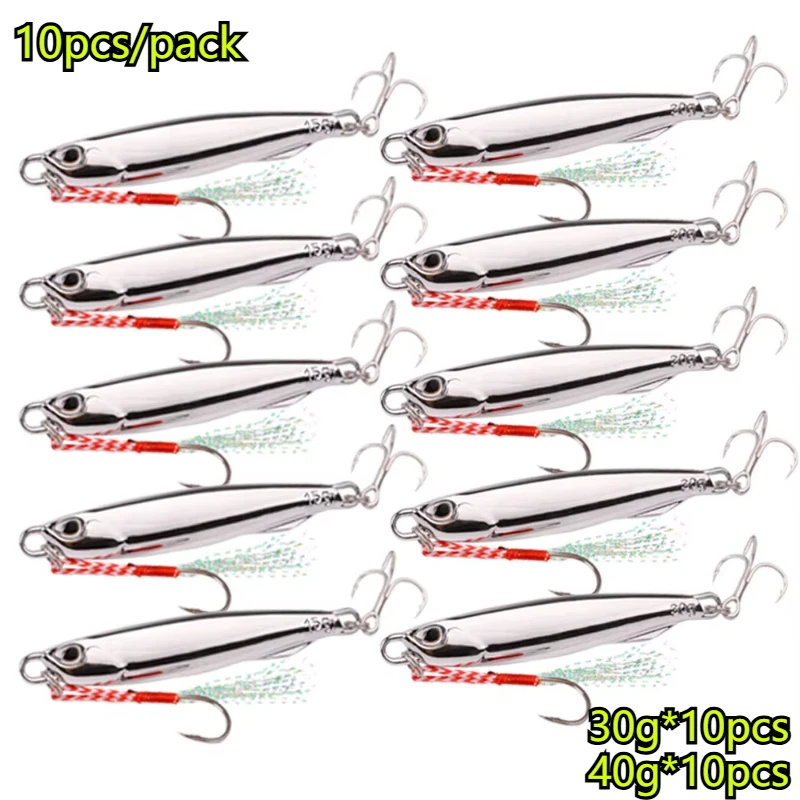 10 leurres métal jig 30g/40g argentés - Appâts mer et eau salée pour bar et carnassiers marins