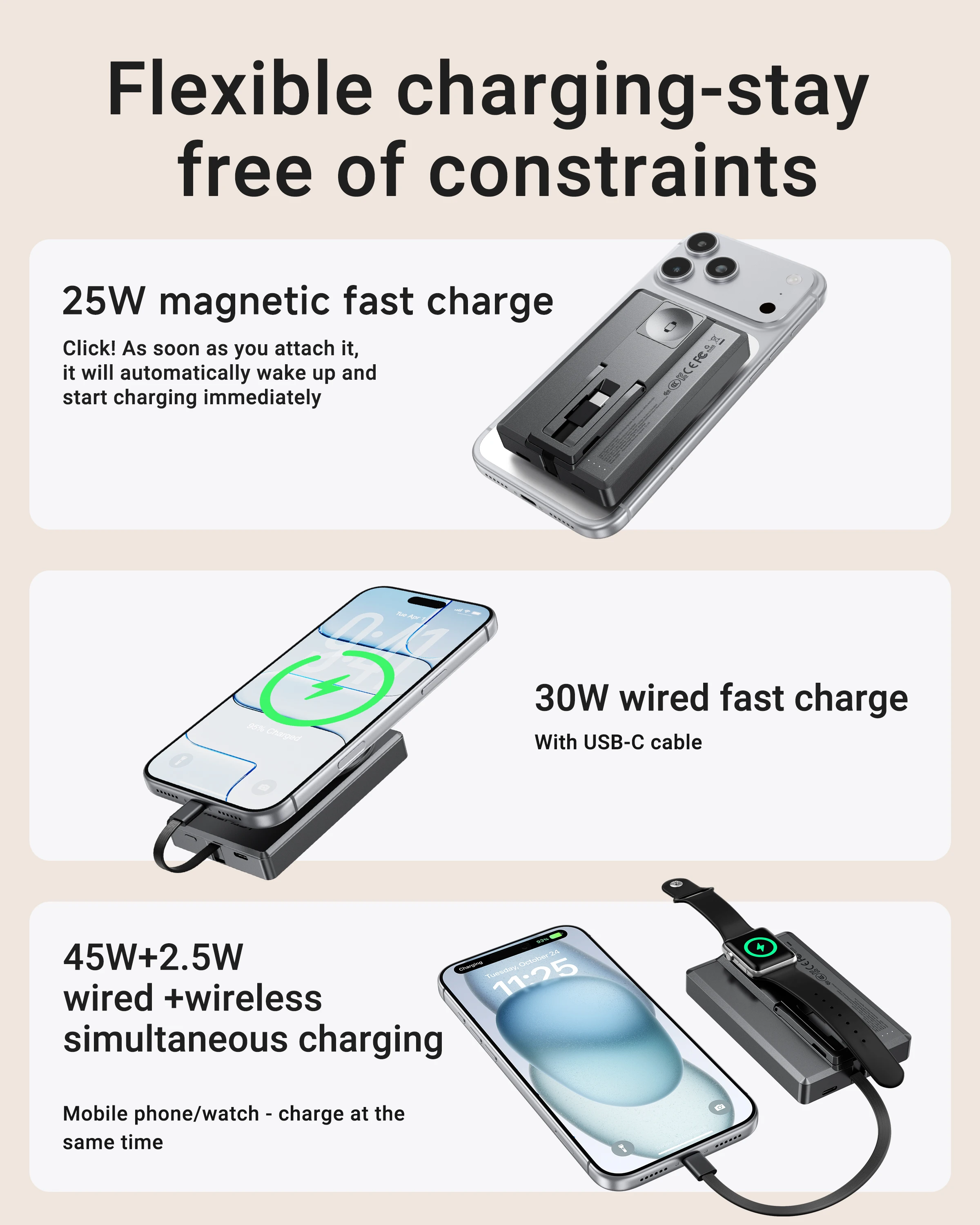ACEFAST 5000mAh/10000mAh Qi2 25W 고속 무선 충전 마그네틱 반고체 스테이트 파워 뱅크 접이식 시계 충전기 (삼성용)