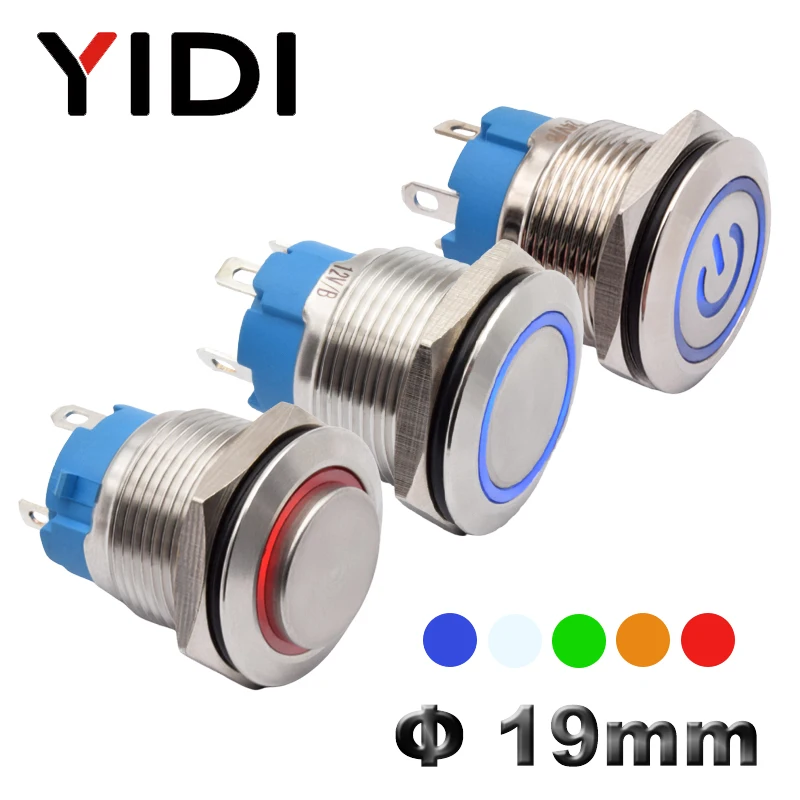 12V 19mm Waterproof Metal Momentary Push Button Switch with Blue LED Ring 