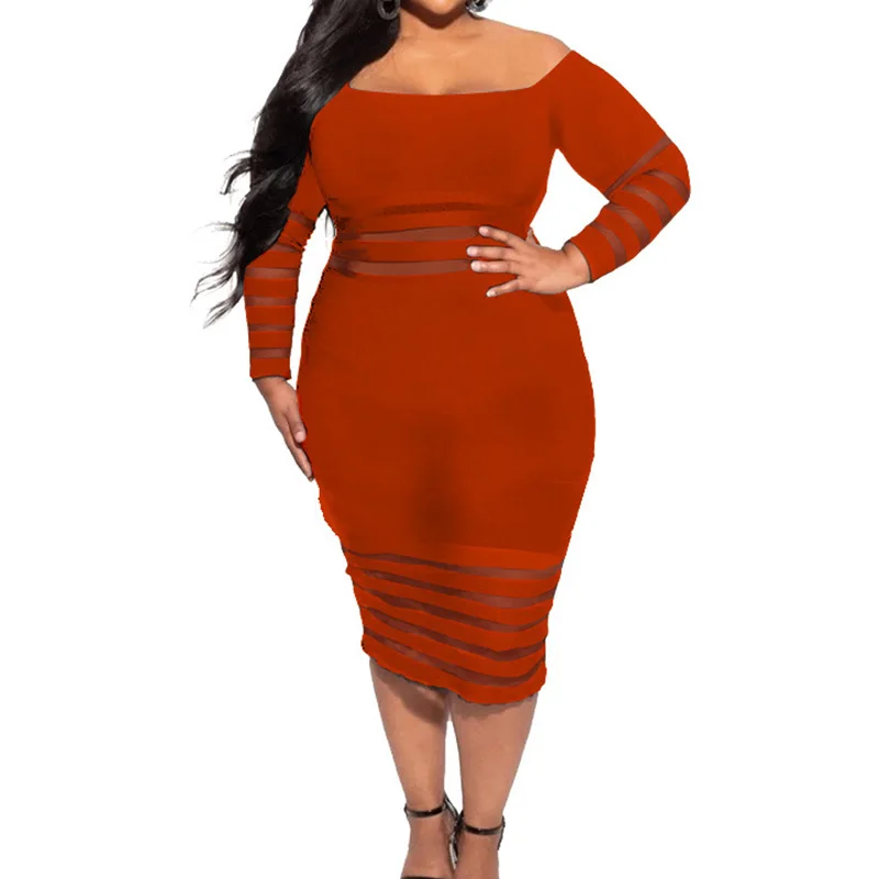 Elegant One Word Collar Solid Plus Size Midi Pencil Skirt Evening Party Sexy Hollow Out Splice Net Yarn Long Sleeve Slim Dresses