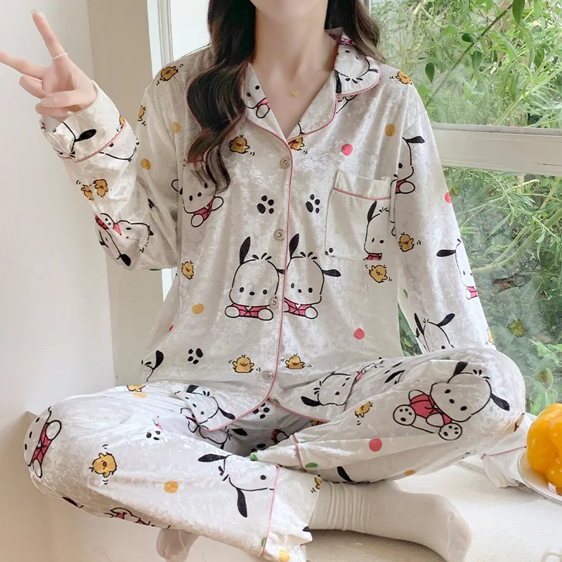 

Kawaii Sanrios Pajamas Pochacco Cartoon Cute Autumn and Winter Women's New Long Sleeved Lapel Lace Home Furnishing Set Gift