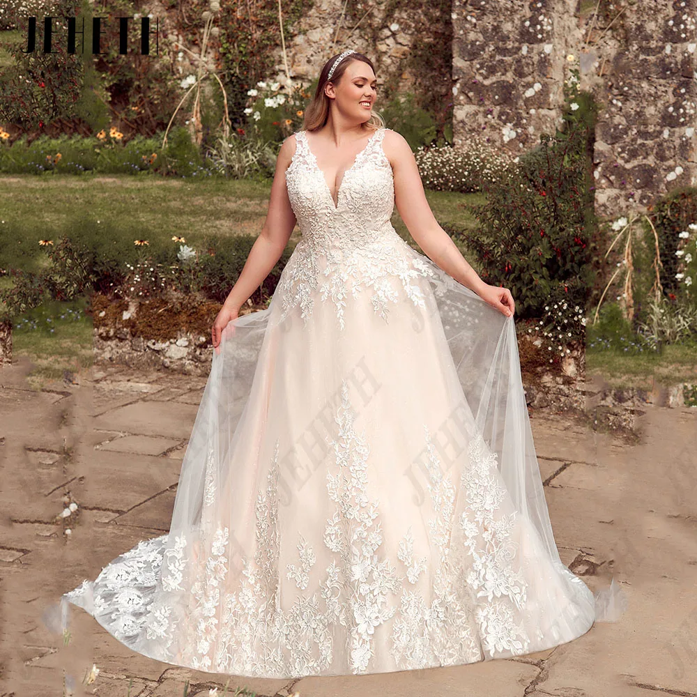 

JEHETH Exquisite Wedding Dresses For Woman Plus Size Sleeveless V-Neck Lace Up Bride Gowns Applique A-Line vestidos de novia