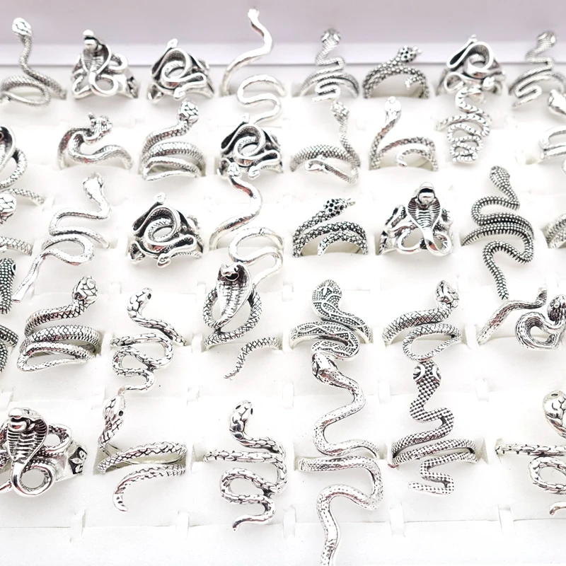 30pcs Men Women Snake Rings Fashion Jewelry Punk Style Animal Party Gift Wholesale Lot Size Adjustable Black Gold Silver Plated
