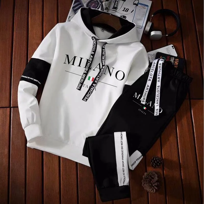 

Men Milano Letters Print Sweatshirt Set Hoodies Sweatpants Tracksuit Design Outfits Jogger Suit Male Pullover Luxury Streetwear
