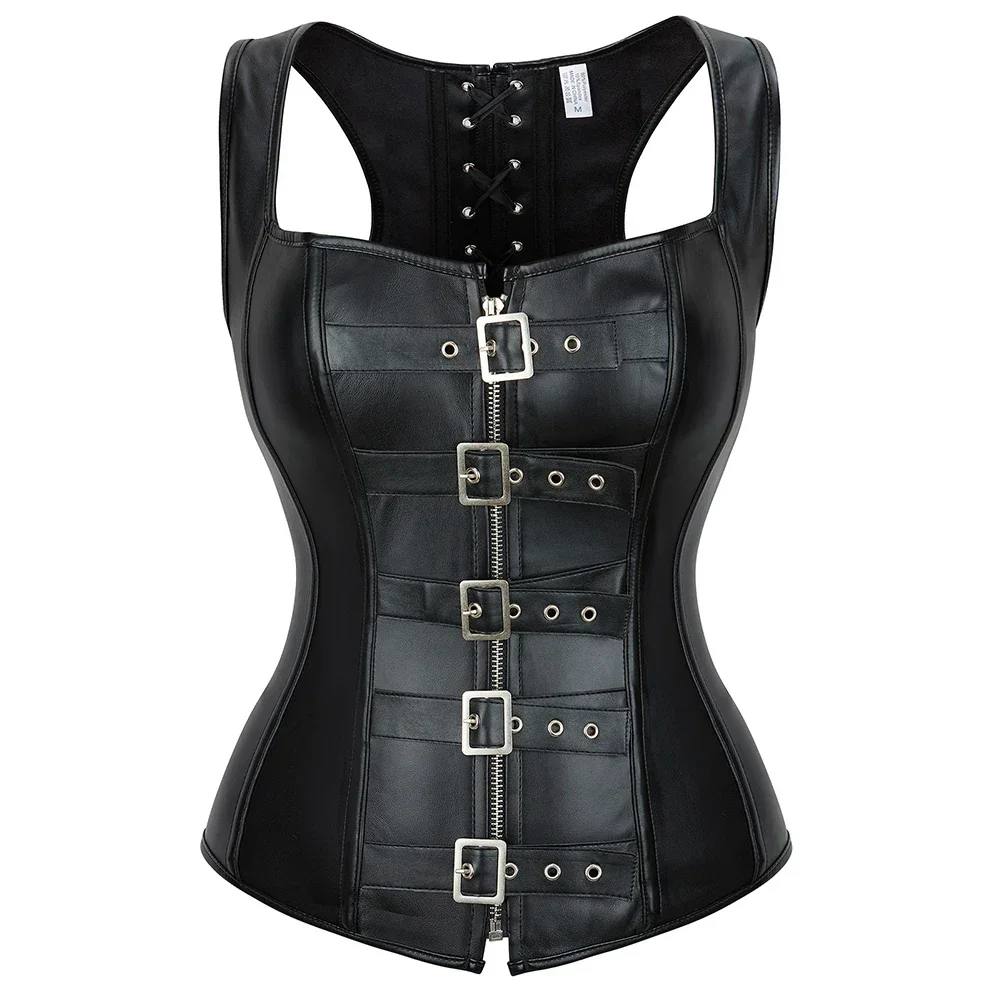 Faux leather harness corset overbust women sexy buckled bustier waist trainer vest corselets steampunk
