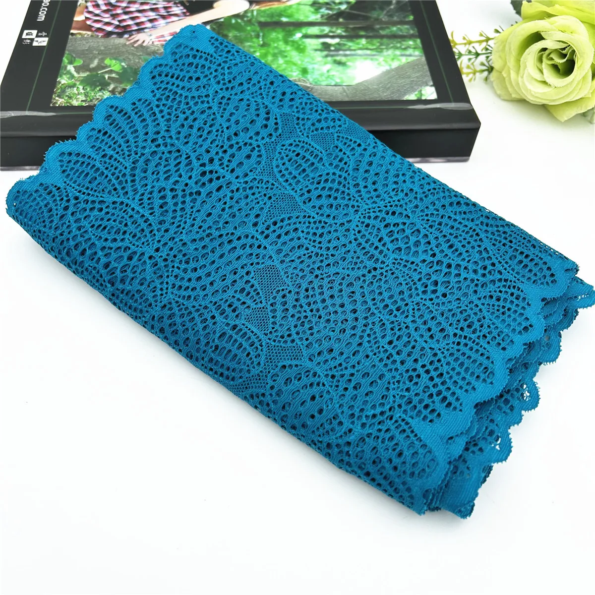 3y/lot Width 22cm Teal Blue Elastic Stretch Lace Trim 6