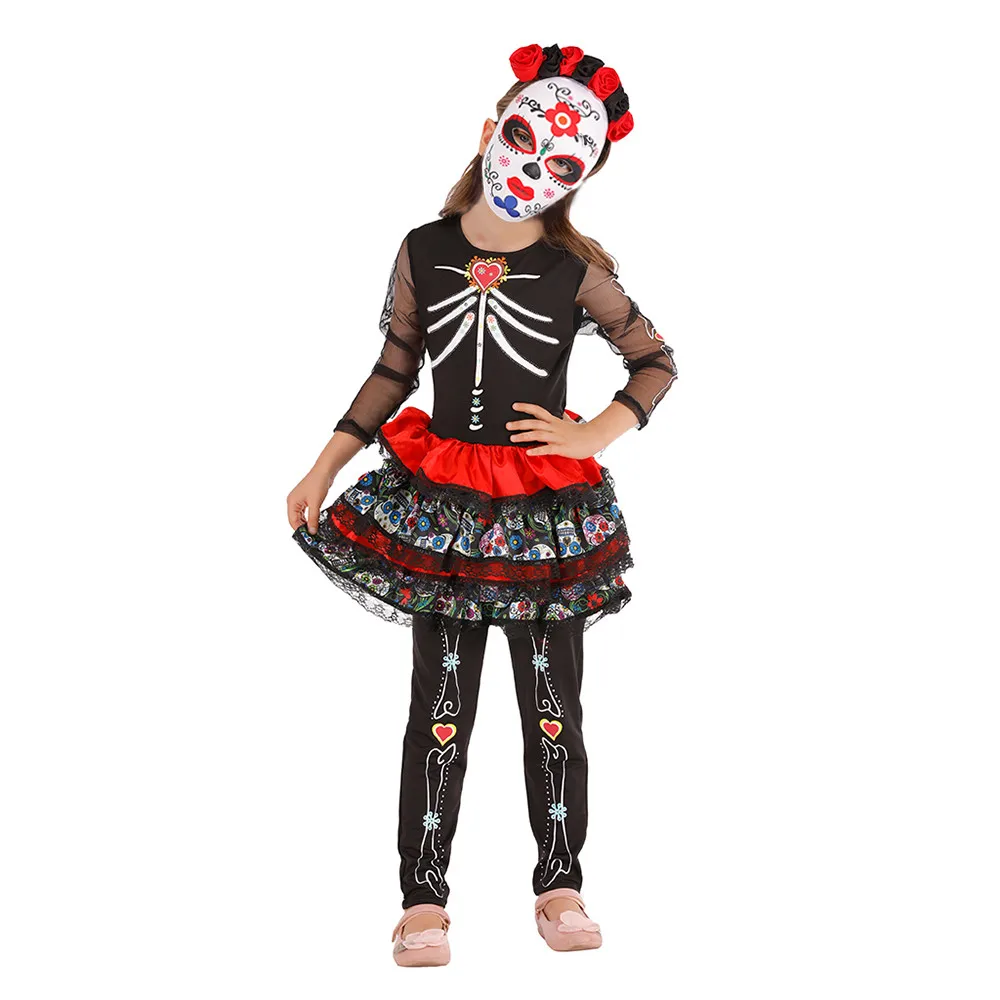 

Mexican Girl’s Day of the Dead Costume Children Halloween Scary Ghost Cosplay Outfits Carnival Easter Purim Fancy Dress