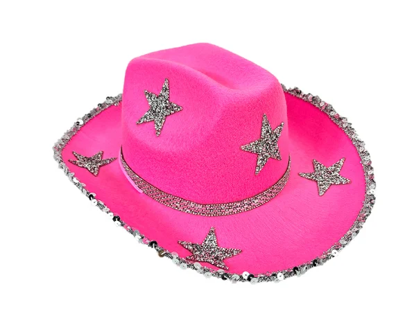 Women Rhinestone Star Cowgirl Hat Wide Brim Diamond Glitter Western Hat Cowgirl Cap for Wedding Music Costume Party