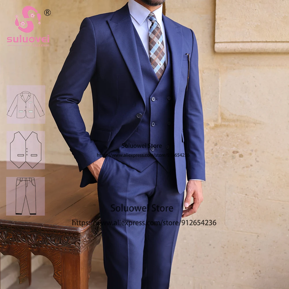 Fashion Slim Fit Suits For Mens Business 3 Piece Pants Set Formal Grooms Wedding Peaked Lapel Tuxedos Costume Homme Pour Mariage