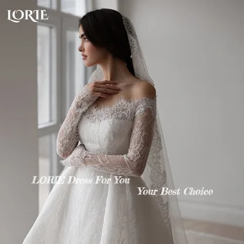 فستان زفاف LORIE Boho بدون أكتاف وأكمام طويلة من الدانتيل على الشاطئ الأميرة زر فستان زفاف مخصص على شكل حرف a فساتين العروس البوهيمية 4
