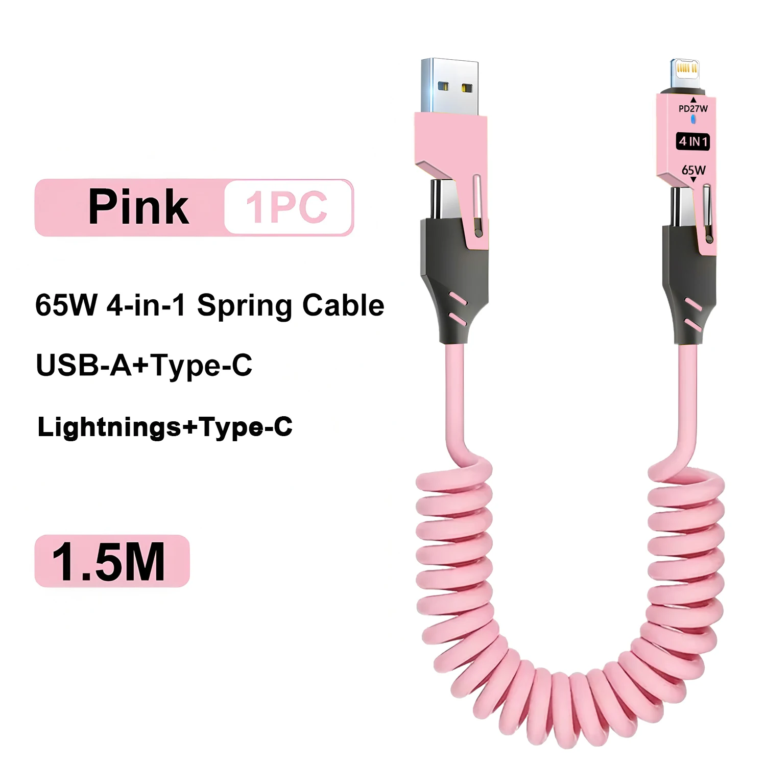 4-in-1 코일형 USB C 케이블 65W 고속 충전 PD 27W USB C to L/타입 C/USB A 케이블 충전기 (아이폰15 14 13 12 /아이패드 안드로이드용)