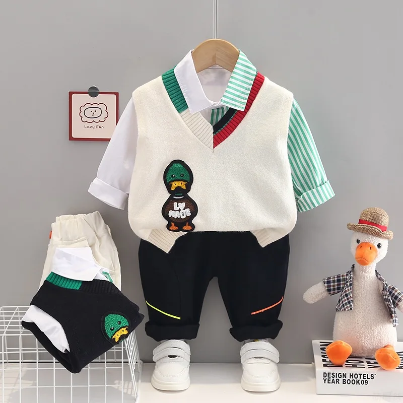 Western Baby Boy Outfit Set Spring Autumn Cartoon V-neck Knitted Sleeveless Vest T-shirts Jeans Kids Suits for Boys Tracksuits