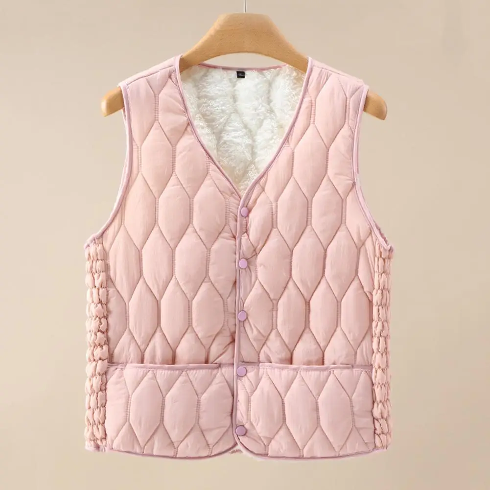 

Autumn Vest Women's Fall Winter Padded Plush V Neck Vest Soft Warm Windproof Waistcoat with Rhombus Texture Sleeveless Solid