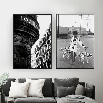 Stampa di arte della tela e del cane di marca di parigi alla moda pittura su tela in bianco e nero decorazione moderna nordica del soggiorno del murale