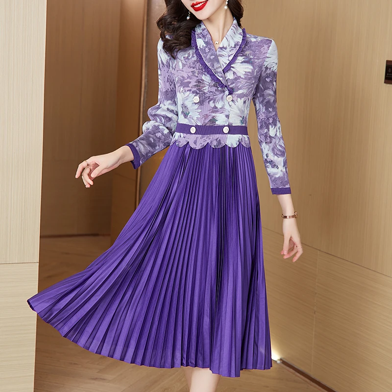 

2023 New Fashion Suit Collar Dress Women's Korean Edition Versatile Pleated Dress Autumn Retro Loose Fit Holiday Vestidos