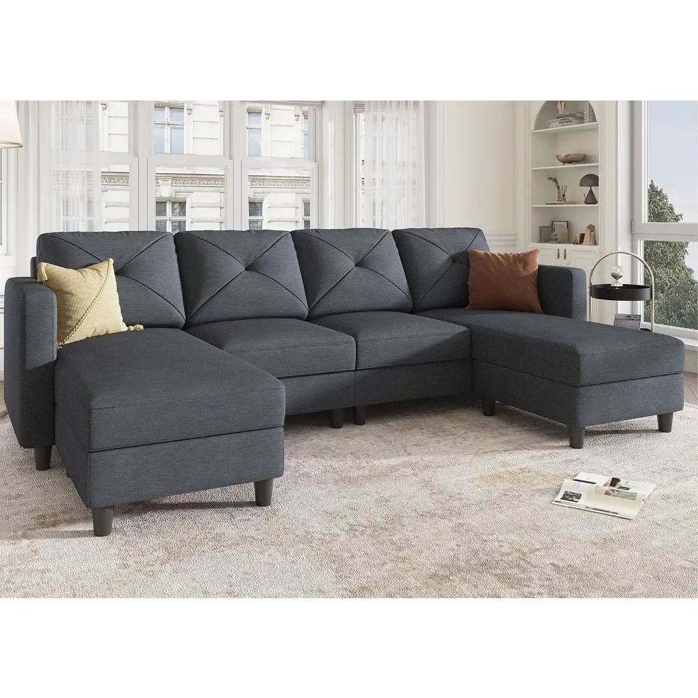 

Convertible Sectional Sofa with Double Chaises for Living Room, Bluish Grey, U Shaped Couch 4 Seat Sofa