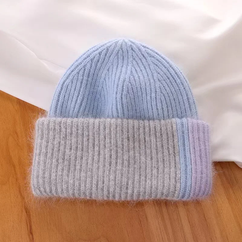 Knitted Beanie Hat For Women Warm Winter Rabbit Fur Patchwork_voghion.com