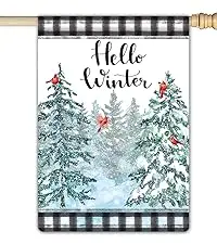 Hello Winter Cardinal Christmas Holiday Garden Flag Pine Trees Snowy Forest Red Cardinal Birds 