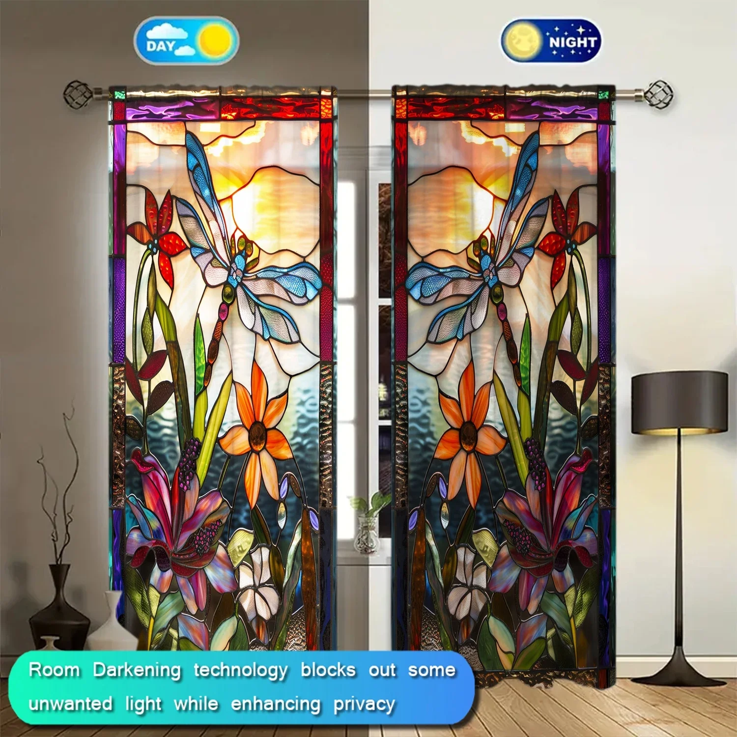 2pcs Stained Glass Dragonfly Printed Curtain - Artistic Home Decoration Curtains, All Season Decorative Curtains 5