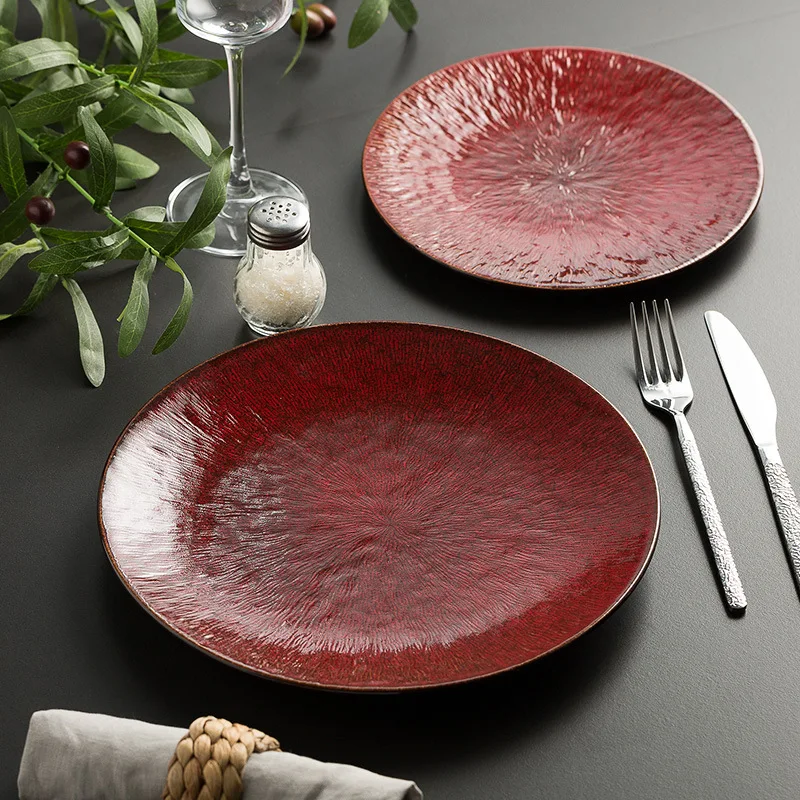 Nordic Red Plate High-end Steak Tray Household Dish Underglaze