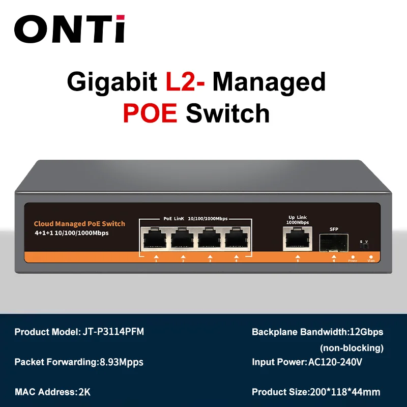 ONTi 6포트 기가비트 L2 관리형 POE 스위치, VLAN, Qos, IGMP 스팁핑 및 MAC 관리 지원, 최대 75W (AC100-240V 50/60HZ)