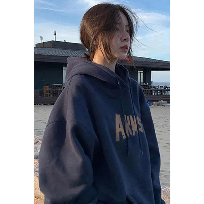 2023 Winter Women's Vintage Long Sleeve Letter Print Sweatshirts American Retro Hooded Drawstring Female Fashion Loose Top