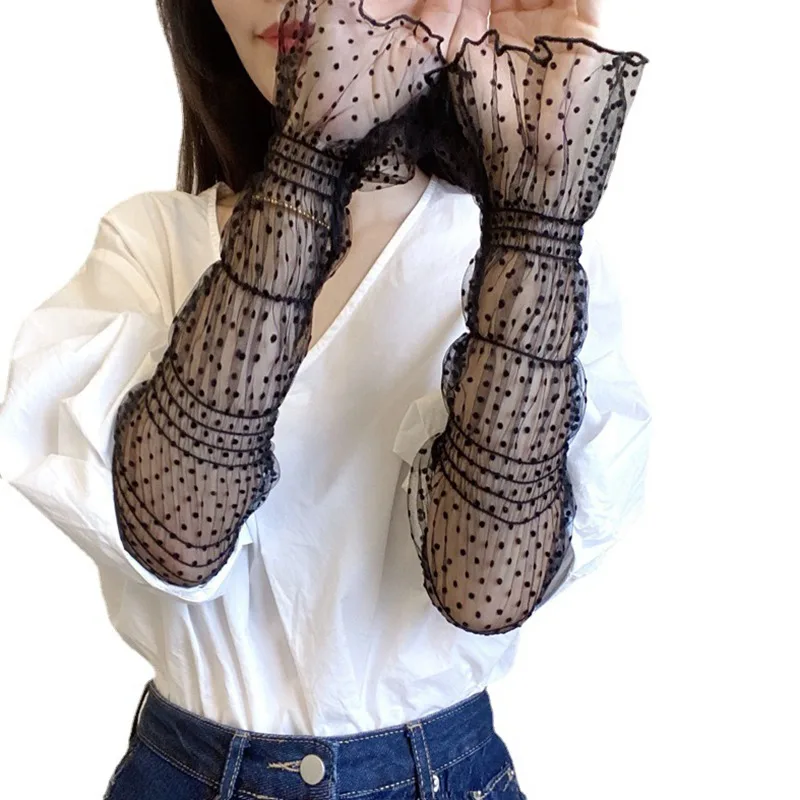 Fingerless Gloves Summer Long Cute Dot Lace Mesh Fingerless Gloves Sun Protection Arm Sleeve Sunscreen Thin Cycling Black Sexy Accessories fingerless gloves,sunscreen gloves,arm sleeves