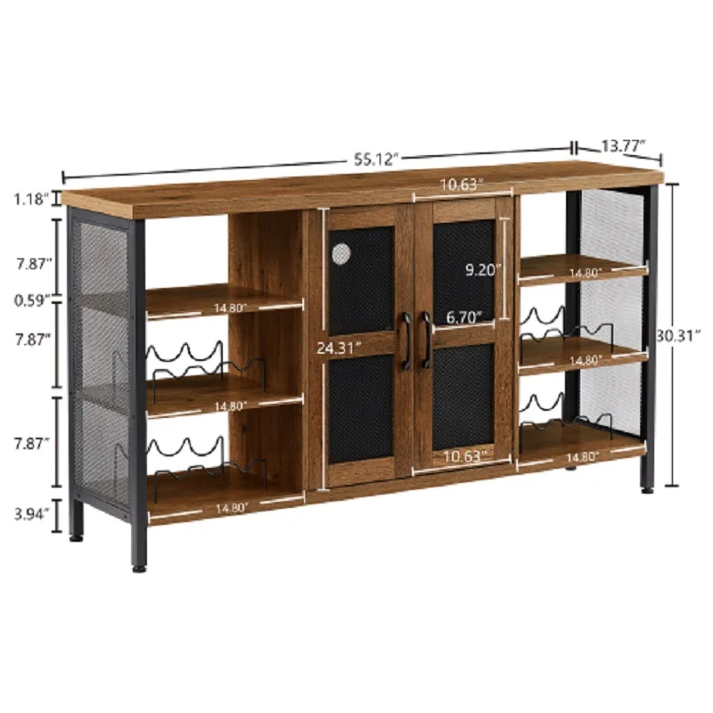 Industrial Wine Bar Cabinet, Liquor Storage Credenza, Sideboard with Wine Racks & Stemware Holder 55.12''w x 13.78''d x 30.31' '