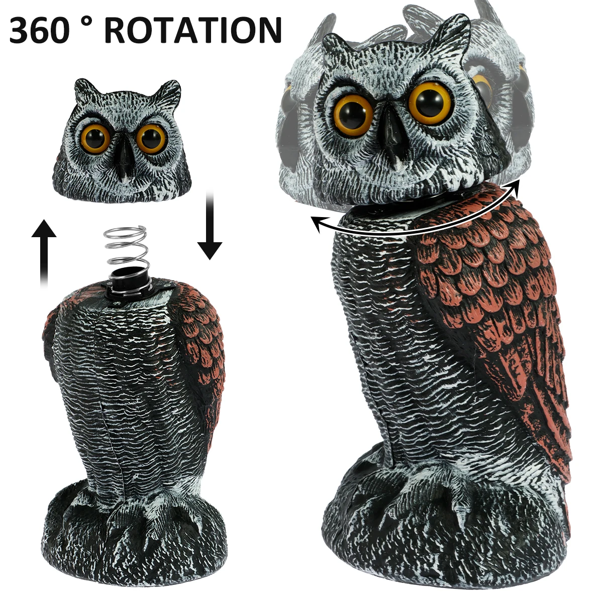 Owl Scare Bird Kontrollgeräte mit 360° ° Drehbarer Kopf, wasserdicht, gefälschte Eule, Vogelscheuche, Lockvogel, lebensechte Simulation, Eulen-Vogel-Abschreckung