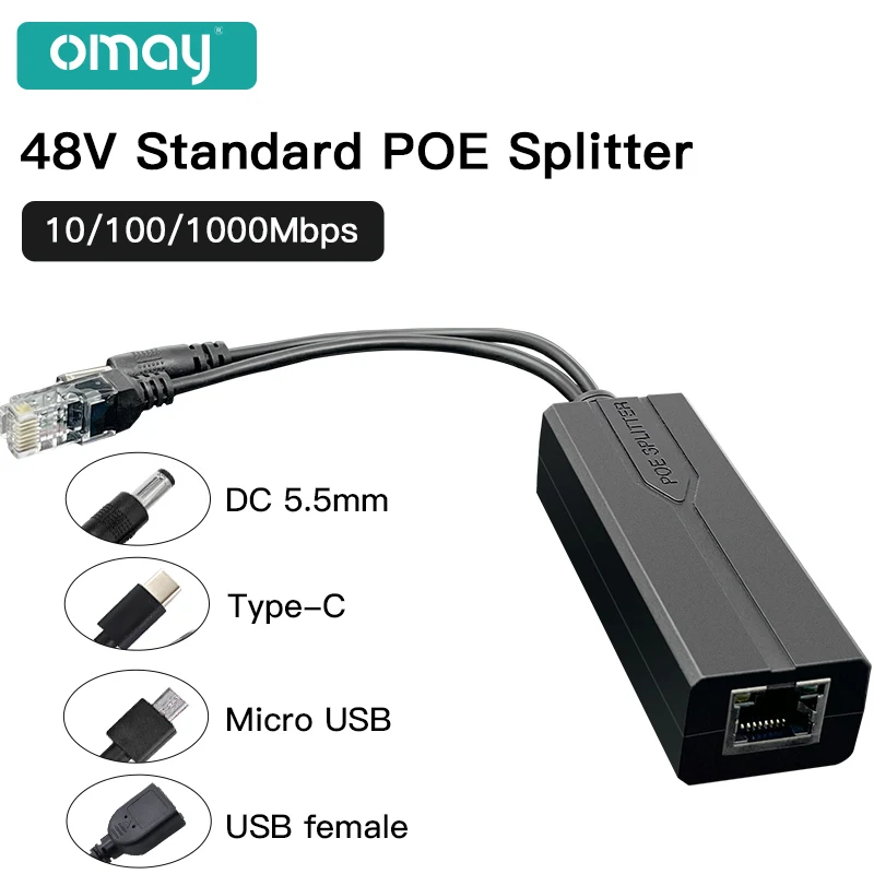 Standard POE Splitter 48V to 5V 12V 1.2A 2A Micro USB tpye-C 100M/1000M POE Camera Injector Power Supply for Huawei Hikvision