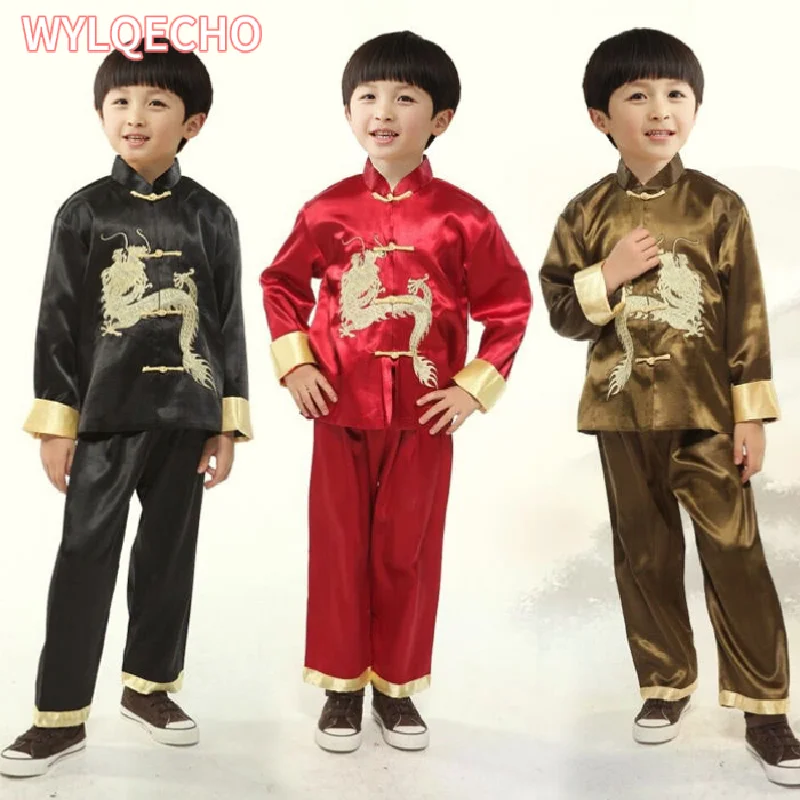 

Satin Children Boy Tang Suit Vintage Embroidery Dragon Kong Fu Clothing Chinese Mandarin Collar Casual 2PCS Shirt&Pants