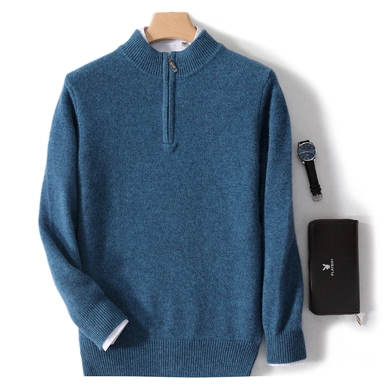 

100% cashmere sweater Men's zipper half turtleneck long-sleeved business casual sweater