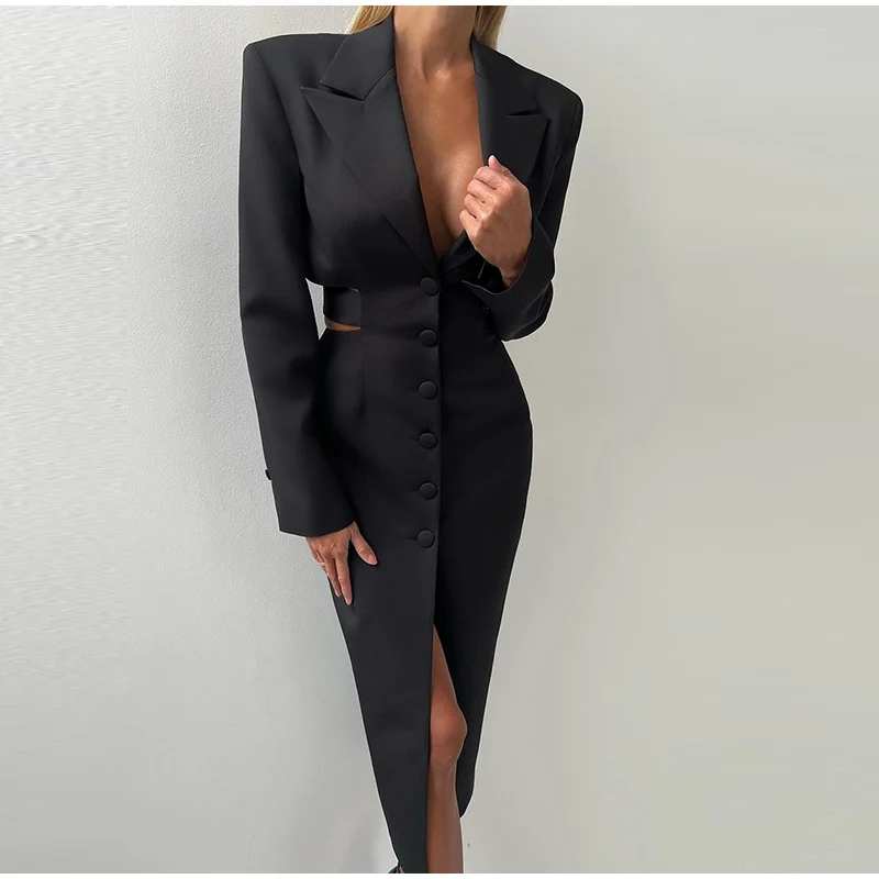 Elegante traje liso, vestidos largos para mujer, vintage, ajustado, sin espalda, con solapa y botonadura sencilla, vestido de otoño para mujer, versátil, para oficina y ropa de calle.