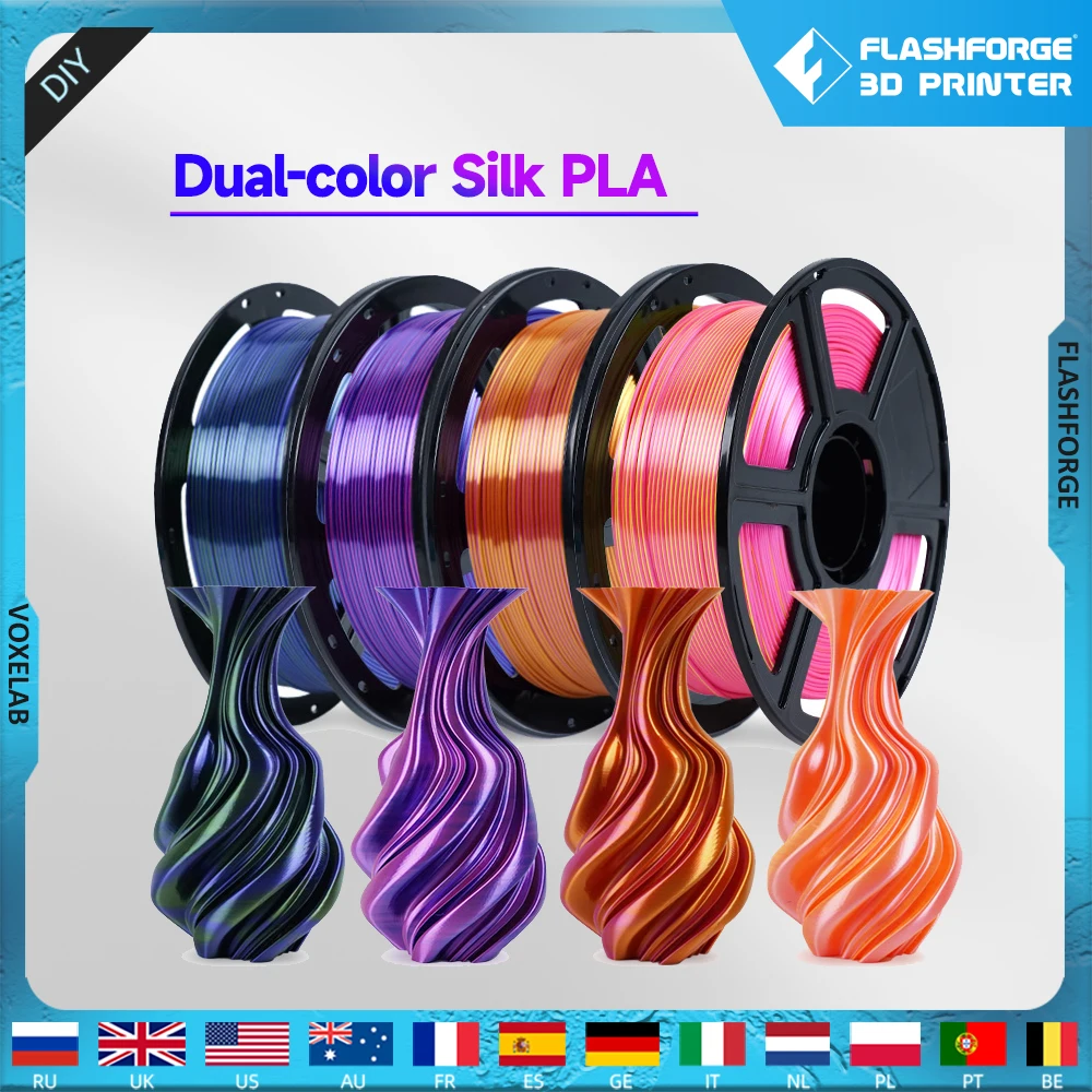 Flashforge Dual Color Silk Pla 3d Printer Filament 175 mm Alta Dureza Embalagem Selada sem Plugues sem Endeformação Baixo Encolhimento
