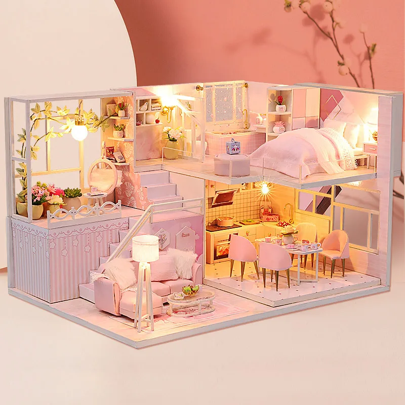 DIY Wooden Doll Houses Princess Casa Miniature Building Kits with Furniture Led Dollhouse for Girls Birthday Gifts 3