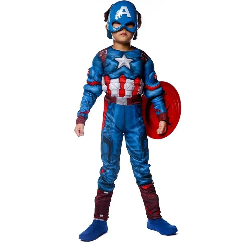Boys Captain Rogers Costume Blue Superhero Muscle America Jumpsuit Halloween Purim