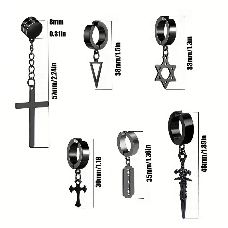 2pcs Fashionable Stainless Steel No Ear Holes Cross Ear Clip Non-Piercing Tassel Star Blade Earrings Jewelry For Men Women,ear clip earrings,clip earrings,ear clip,ear accessories
