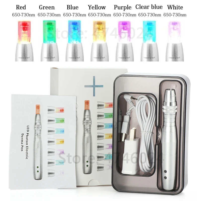 7 Color Led Light Derma Pen Electricity Microneedling Machine Dr Pen Needle Cartridges Kit For BB Cream Glow Remove Acne
