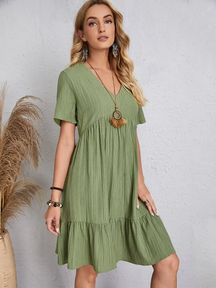 Elegant V Neck Ruffle Mini Dress - Womens Casual Summer Sundress