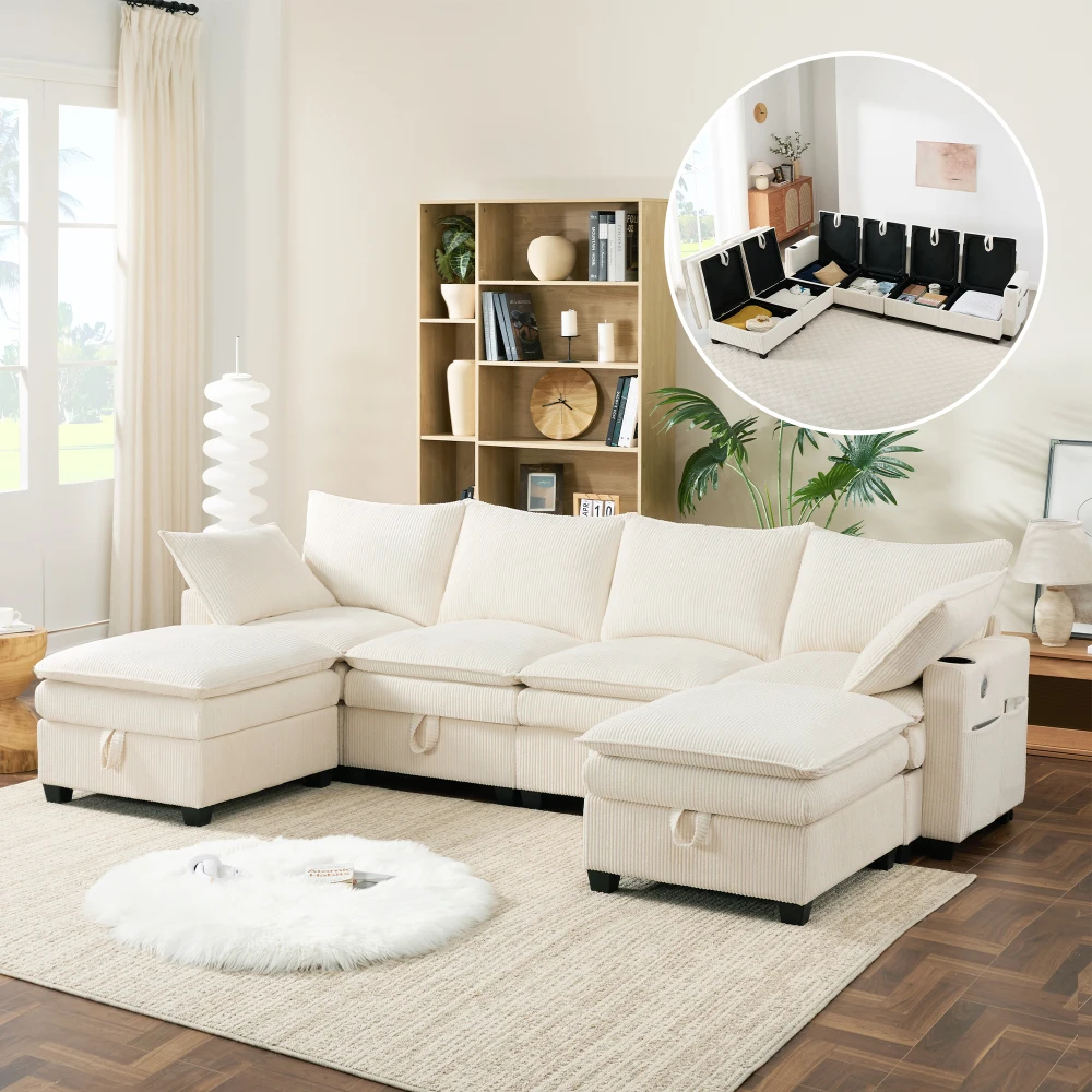 Modernes L-förmiges Sofa mit Kabelbefestigung, abnehmbarem Fußhocker, USB-Anschlüssen, Ablagefächern und Getränkehaltern, modulares Sofa – Detail 1